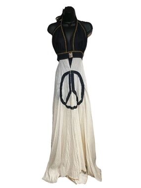 Machine Boho Denim Cream Halter Maxi Dress Peace Motif Gold Trim Tie Neck
M/L